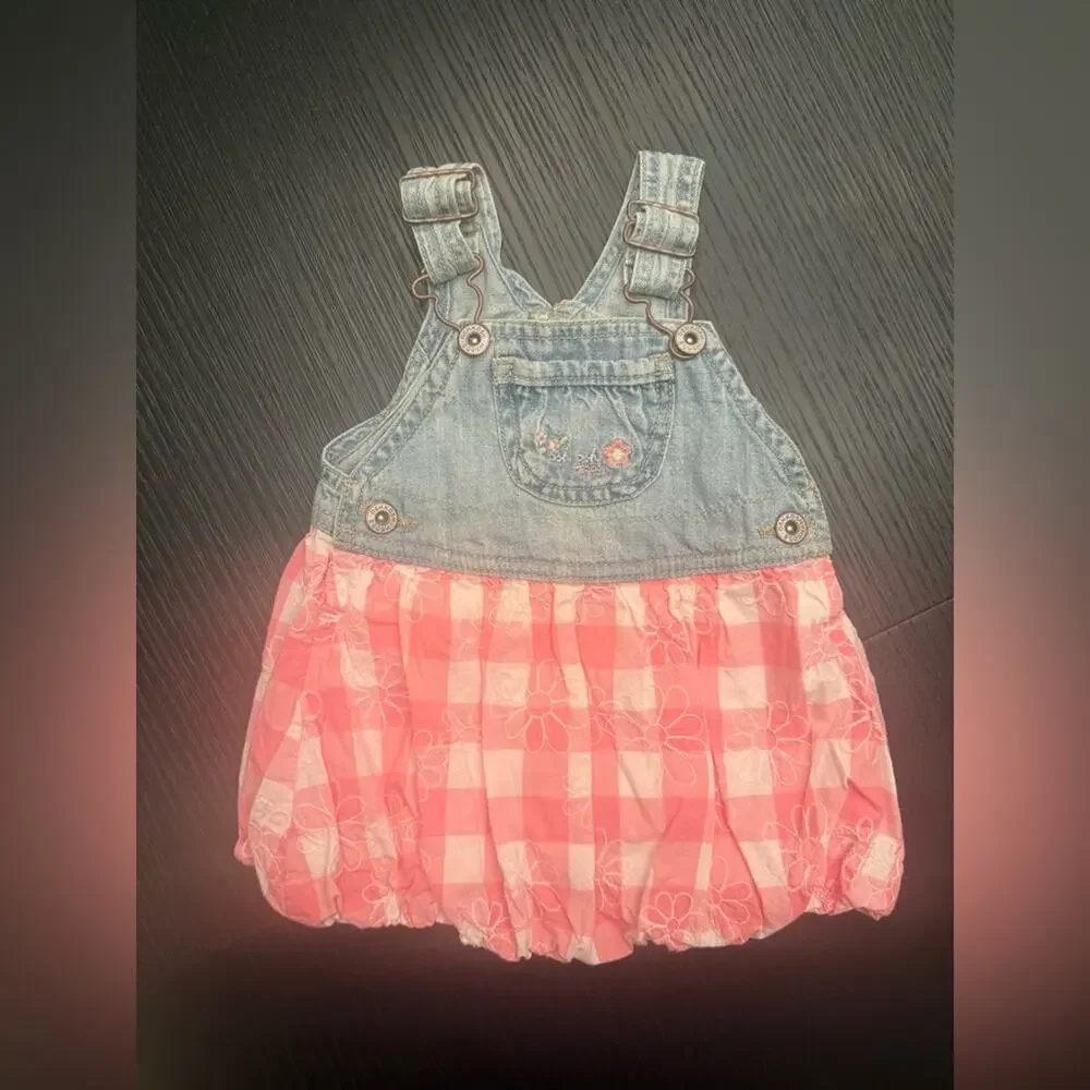 Vintage OshKosh B'gosh VestBak Denim Gingham Pink Bubble Dress Girls 6 Months